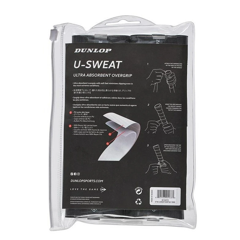 Dunlop Overgrip U-Sweat 0.5mm - Feuchtigkeitsabsorbierend, Griffig - Schwarz 12er Clip-Beutel – Bild 2