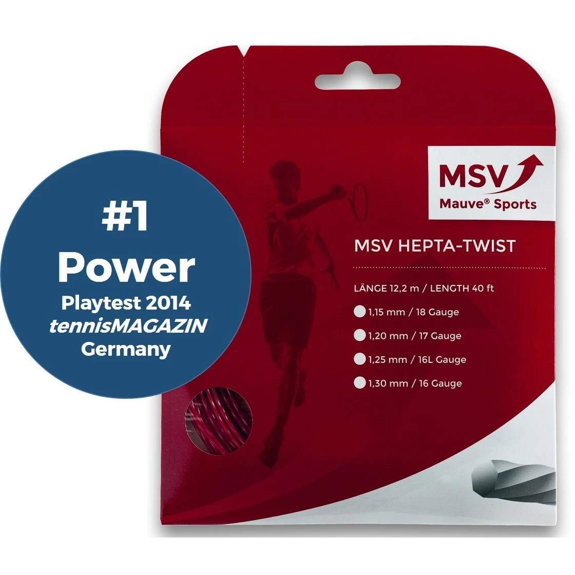 MSV Tennissaite Hepta Twist (Haltbarkeit+Spin) Rot 12m Set – Bild 3