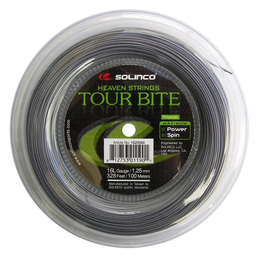 Solinco Tennissaite Tour Bite (Haltbarkeit+Spin) Silber 100m Rolle